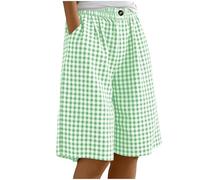 Saxrel Girls' Summer Cotton Linen Shorts - Gingham & Stripe Print Running Shorts Elastic Waist Button Half Pants Lightweight Loose Trousers for Beach School Casual Daily Wear