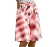 Saxrel Girls' Summer Cotton Linen Shorts - Gingham & Stripe Print Running Shorts Elastic Waist Button Half Pants Lightweight Loose Trousers for Beach School Casual Daily Wear