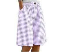 Saxrel Girls' Summer Cotton Linen Shorts - Gingham & Stripe Print Running Shorts Elastic Waist Button Half Pants Lightweight Loose Trousers for Beach School Casual Daily Wear