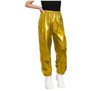 Saxrel Gold Girls' Metallic Harem Trousers - Elasticated Cuffs Stage Pants Performance Clothes Long Straight Kids Trousers with Pockets for Jazz, Hip-Hop,School Plays 9 Years