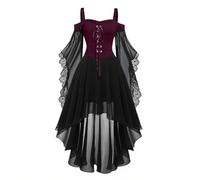 Saxrel Gothic Dress for Women Halloween - Victorian Vampire Medieval Dresses 3/4 Chiffon Sleeve Renaissance Steampunk Witches Lace Up Corset Cold Shoulder Layered Party Outfit