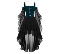 Saxrel Gothic Witch Dress Women - Halloween Costume Victorian Vampire Medieval Dresses 3/4 Chiffon Sleeve Renaissance Steampunk Lace Up Corset Cold Shoulder Evening Outfit