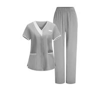 Saxrel Gray Women's Care Worker Scrubs Uniforms Sets Short-Sleeve V-Neck Top & Pants Scrub Sets - Ladies Medical Tunic and Trousers Comfort Workwear Lightweight Healthcare Suits
