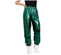 Saxrel Green Girls' Metallic Harem Trousers - Elasticated Cuffs Stage Pants Performance Clothes Long Straight Kids Trousers with Pockets for Jazz, Hip-Hop,School Plays 9 Years