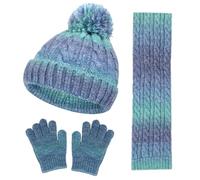Saxrel Green Kids 3 In 1 Gradient Cable Knitted Hat Scarf Gloves Set - Cute Pom Pom Beanie Winter Warm Thick Accessories Set for Children School Warmth Outdoor Cold Weather 3-10 Years