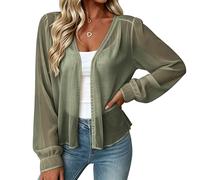 Saxrel Green Summer Cardigans for Women UK Chiffon Boleros and Shrugs - V-Neck, Long Puff Sleeves, Open Front, Sheer Kimono Cardigans for Layering Beach Cover-up Vocation Holiday Office Casual Wear