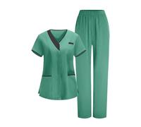 Saxrel Green Women's Care Worker Scrubs Uniforms Sets Short-Sleeve V-Neck Top & Pants Scrub Sets - Ladies Medical Tunic and Trousers Comfort Workwear Lightweight Healthcare Suits
