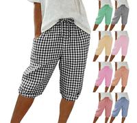 Saxrel Hiking Shorts Women Gingham & Striped Hiking Pants - Drawstring Waist Ladies Knee Length Linen Shorts with Pockets Summer Culottes for Daily Commute Casual Wear Outdoor Walks