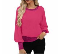 Saxrel Hot Pink Women’s Sparkly Sequin Top UK Cuffed Sleeve Crew Neck Solid Color Glitter Blouse Plus Size Ladies Sparkly Evening Party Loose Fit Blouses & Shirts