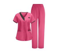 Saxrel Hot Pink Women's Care Worker Scrubs Uniforms Sets Short-Sleeve V-Neck Top & Pants Scrub Sets - Ladies Medical Tunic and Trousers Comfort Workwear Lightweight Healthcare Suits