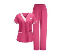 Saxrel Hot Pink Women's Care Worker Scrubs Uniforms Sets Short-Sleeve V-Neck Top & Pants Scrub Sets - Ladies Medical Tunic and Trousers Comfort Workwear Lightweight Healthcare Suits