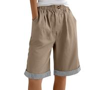 Saxrel Khaki Linen Shorts Women Striped Patchwork Bermuda Shorts - Elastic Waist Button Half Pants Loose Casual Wide Leg Pants for Daily Beach Running Walking Holiday