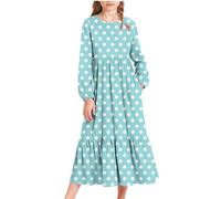 Saxrel Light Blue Girls' Polka Dot Long Sleeve Maxi Dress Pocket - Tiered Ruffle Hem Pleated School Dress Lantern Sleeve Loose Long Dresses Lightweight Skirt for Casual & Party Kids Wear 12 Years