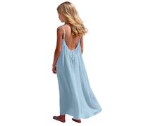 Saxrel Light Blue Girls' Spaghetti Strap Dress Open-Back Maxi Dresses - Lightweight Breathable Beach Summer Long Dress for Casual Outings Loose Fitting Off Shoulder Casual Dresses 13 Years