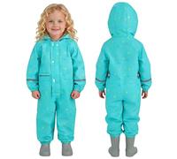 Saxrel Mint Green Kids Puddle Suit Printed Waterproof All-In-One Hooded Rain Suit - Reflective Strips Lighweight Raincoat for School Puddle Play & Outdoor Sports Running 4-5Years