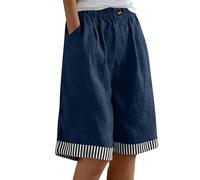 Saxrel Navy Linen Shorts Women Striped Patchwork Bermuda Shorts - Elastic Waist Button Half Pants Loose Casual Wide Leg Pants for Daily Beach Running Walking Holiday