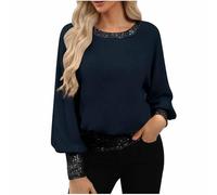 Saxrel Navy Women’s Sparkly Sequin Top UK Cuffed Sleeve Crew Neck Solid Color Glitter Blouse Plus Size Ladies Sparkly Evening Party Loose Fit Blouses & Shirts