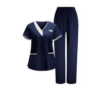 Saxrel Navy Women's Care Worker Scrubs Uniforms Sets Short-Sleeve V-Neck Top & Pants Scrub Sets - Ladies Medical Tunic and Trousers Comfort Workwear Lightweight Healthcare Suits