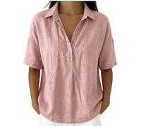 Saxrel Pink Cotton Linen T Shirts for Women UK Button V Neck Collared Blouse - Solid Color Short Sleeve Ladies Summer Tops Loose Tunic for Beach Daily Commute Office Casual Wear Sizes S-3XL