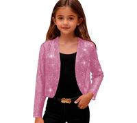 Saxrel Pink Girls Sparkly Lightweight Cardigan - Party Shrug School Cardigan Long Sleeve Cropped Bolero Open Front Solid Color Loungewear Thin Coat 7 Years