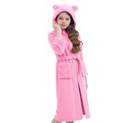 Saxrel Pink Teddy Fleece Bathrobe Kids' - Cute Ear Hooded Girls Dressing Gown with Belted Pocket Solid Color Kids Towelling Robes Thickened Loungewear Sleepwear for Boys & Girls 14 Years