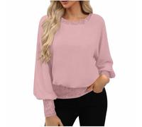 Saxrel Pink Women’s Sparkly Sequin Top UK Cuffed Sleeve Crew Neck Solid Color Glitter Blouse Plus Size Ladies Sparkly Evening Party Loose Fit Blouses & Shirts