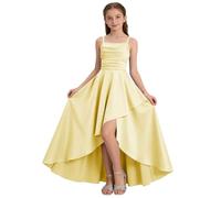 Saxrel Prom Dresses for Teenager 15 Years Satin Square Neck Formal Gowns Adjustable Spaghetti Strap Ruched Party Dress for Wedding Flower Girl Birthday Party School Stage Performance