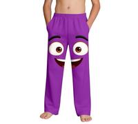 Saxrel Purple Boys Novelty Smile Face Printed Beach Trousers - Lightweight Casual Lounge Pants Elasticated Waist Drawstring Wide Leg Trousers for Beach & Pool Days Summer Travel Outings 4 Years