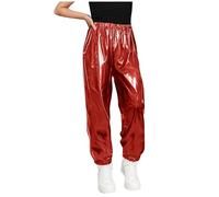 Saxrel Red Girls' Metallic Harem Trousers - Elasticated Cuffs Stage Pants Performance Clothes Long Straight Kids Trousers with Pockets for Jazz, Hip-Hop,School Plays 11 Years