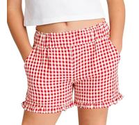 Saxrel Red Girls' Summer Gingham Shorts - Ruffle Hem Plaid Pants Elastic Waist Side Pocket Lightweight Thin Checkered Shorts for School Casual Outings Daily Wear 9 Years