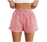 Saxrel Red Women's Gingham Plaid Summer Shorts Smocked Waist Ladies Sleep Shorts - Ruffle Hem Pyjamas Pants Casual Lounge Bottoms for Sleep Home Daily Vacation