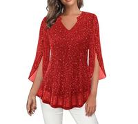 Saxrel Red Women's Glitter V Neck Blouse - Split Flare Sleeve Sparkly Tops Sheer Chiffon Tunic Top, Loose Casual Dressy Shirt for Party, Office, Daily Wear
