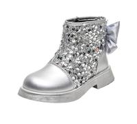 Saxrel Silver Girls Ankle High Sequin Boots - Sweet Bow Side Zipper School Shoes Kids Sparkly Combat Boots Faux Leather Party Footwear UK Size 1.5