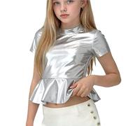 Saxrel Silver Girls Metallic Crop Tops Short Sleeve T-Shirt Crew Neck Blouses - Ruffle Hem Dance Wear Shiny Performance Costumes for Dance Recital Party Stage Show Festival Outfits 2 Years