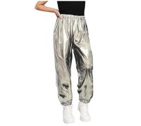 Saxrel Silver Girls' Metallic Harem Trousers - Elasticated Cuffs Stage Pants Performance Clothes Long Straight Kids Trousers with Pockets for Jazz, Hip-Hop,School Plays 11 Years