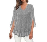 Saxrel Silver Women's Glitter V Neck Blouse - Split Flare Sleeve Sparkly Tops Sheer Chiffon Tunic Top, Loose Casual Dressy Shirt for Party, Office, Daily Wear