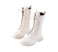 Saxrel White Girls Knee High Boots Kids Lace Up Side Zipper Sweet Steampunk Style Thick Rubber Sole Stitching Faux Leather School Shoes Waterproof Combat Shoes UK Size 13