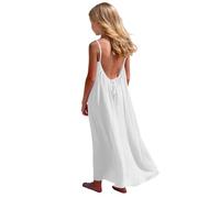 Saxrel White Girls' Spaghetti Strap Dress Open-Back Maxi Dresses - Lightweight Breathable Beach Summer Long Dress for Casual Outings Loose Fitting Off Shoulder Casual Dresses 11 Years