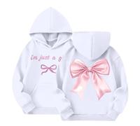 Saxrel White Kids' Girls' Pink Bow Graphic Hoodie Front & Back Print Pullover Sweatshirt with Pocket Casual Warmth Sport Long Sleeve Hooded Sweatshirt for Girls UK 11 Years