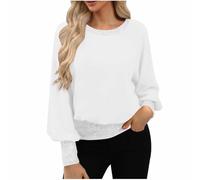 Saxrel White Women’s Sparkly Sequin Top UK Cuffed Sleeve Crew Neck Solid Color Glitter Blouse Plus Size Ladies Sparkly Evening Party Loose Fit Blouses & Shirts