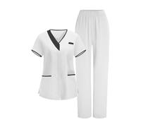 Saxrel White Women's Care Worker Scrubs Uniforms Sets Short-Sleeve V-Neck Top & Pants Scrub Sets - Ladies Medical Tunic and Trousers Comfort Workwear Lightweight Healthcare Suits
