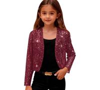 Saxrel Wine Girls Sparkly Lightweight Cardigan - Party Shrug School Cardigan Long Sleeve Cropped Bolero Open Front Solid Color Loungewear Thin Coat 9 Years