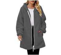 Saxrel Winter Knee Length Jackets for Women's UK Gray Ladies Teddy Fleece Thickened Jacket Coat Windproof Warm Fuzzy Plus Size Hoodies Top Outdoor Thermal Outerwear