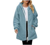Saxrel Winter Knee Length Jackets for Women's UK Light Blue Ladies Teddy Fleece Thickened Jacket Coat Windproof Warm Fuzzy Plus Size Hoodies Top Outdoor Thermal Outerwear