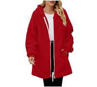 Saxrel Winter Knee Length Jackets for Women's UK Red Ladies Teddy Fleece Thickened Jacket Coat Windproof Warm Fuzzy Plus Size Hoodies Top Outdoor Thermal Outerwear