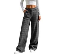 Saxrel Women Checked Wide Leg Trousers Zip Button Fly Straight Long Pants | Full Length Plaid Work Trousers Side Pockets Business Everyday Wear Outdoors Walking Travelling Errands Coffee Cinema City
