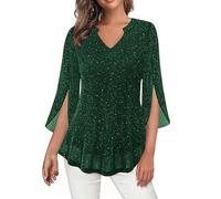 Saxrel Women's Army Green Glitter V Neck Blouse - Split Flare Sleeve Sheer Chiffon Tunic Top, Loose Casual Dressy Shirt for Party, Office, Daily Wear
