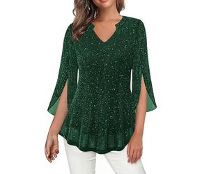 Saxrel Women's Army Green Glitter V Neck Blouse - Split Flare Sleeve Sheer Chiffon Tunic Top, Loose Casual Dressy Shirt for Party, Office, Daily Wear