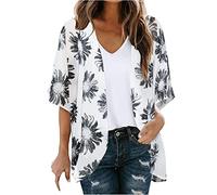 Saxrel Women's Floral Print Chiffon Cardigan, White, Short Sleeve, V-Neck, Open Front, Loose, Boho, Lace, Plus Size, Adult, Spring, Autumn, Women's, Cardigan