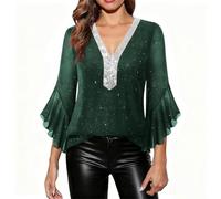 Saxrel Women's Sparkly Sequin V Neck Blouse - Sheer Chiffon Flounce Sleeve Ladies Tops Elegant Army Green Glittery Tunic Shirt for Party Evening Cocktail